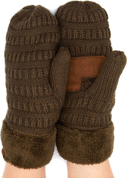 C.C Women Thick Knit Faux Fur Sherpa Fleece Lined Warm Winter Gloves Mittens (CG-36)(MT-008,25,715,816,1816,6245) Apparel & Accessories > Clothing Accessories > Gloves & Mittens C.C New Olive -Thick Solid  