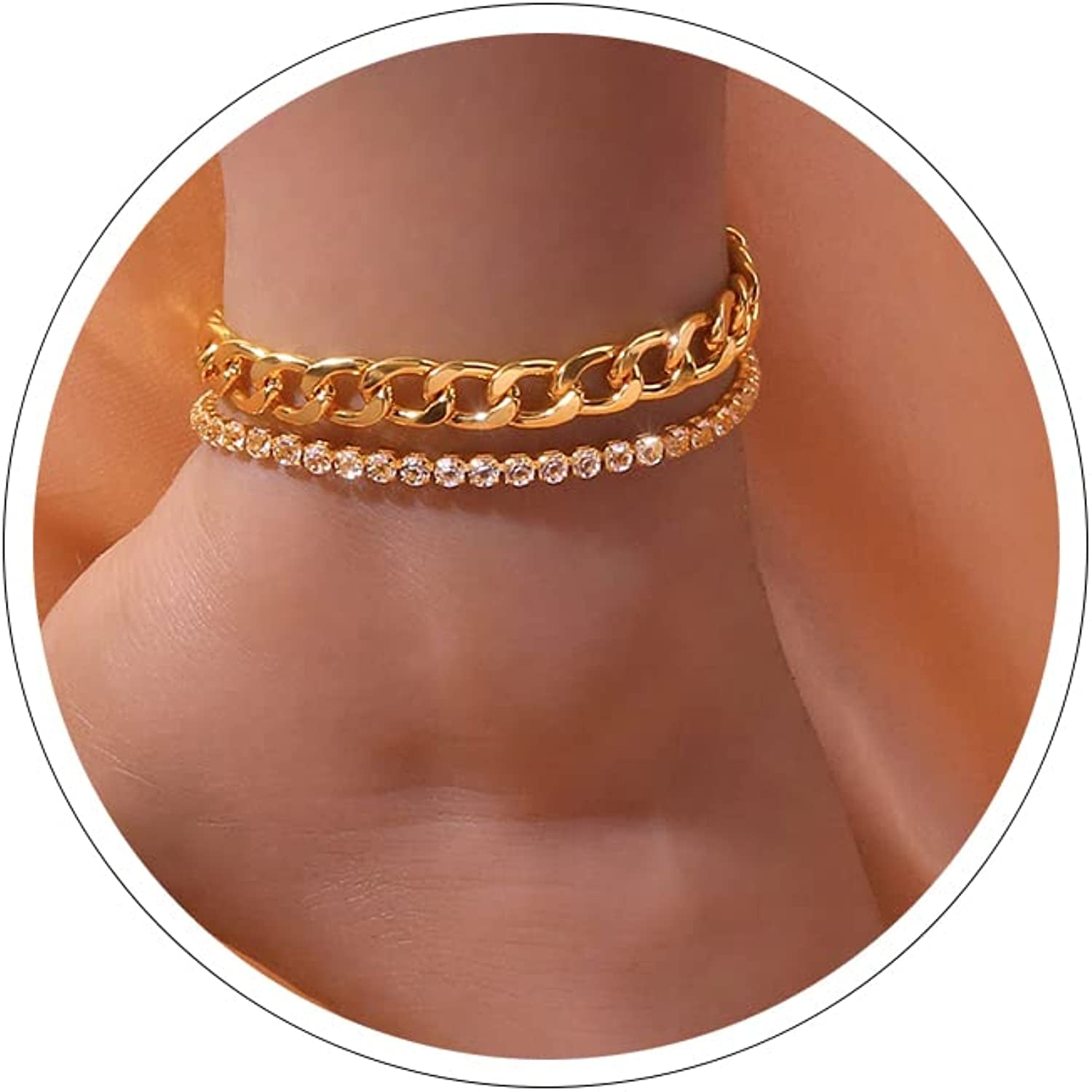 Diamond Ankle Bracelets for Women Gold Cuban Link Anklets Silver Anklets for Women Tennis Ankle Bracelet Silver Rhinestone Anklet Bracelets for Women Crystal Diamond Anklets for Women Apparel & Accessories > Jewelry > Anklets Sora Tuki style6 - gold cuban link diamond anklet  