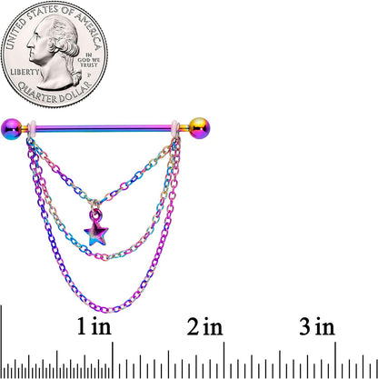 Body Candy Women 14G Rainbow Plated Steel Helix Cartilage Earring Star Chain Dangle Industrial Barbell 38Mm Apparel & Accessories > Jewelry > Body Jewelry Body Candy   