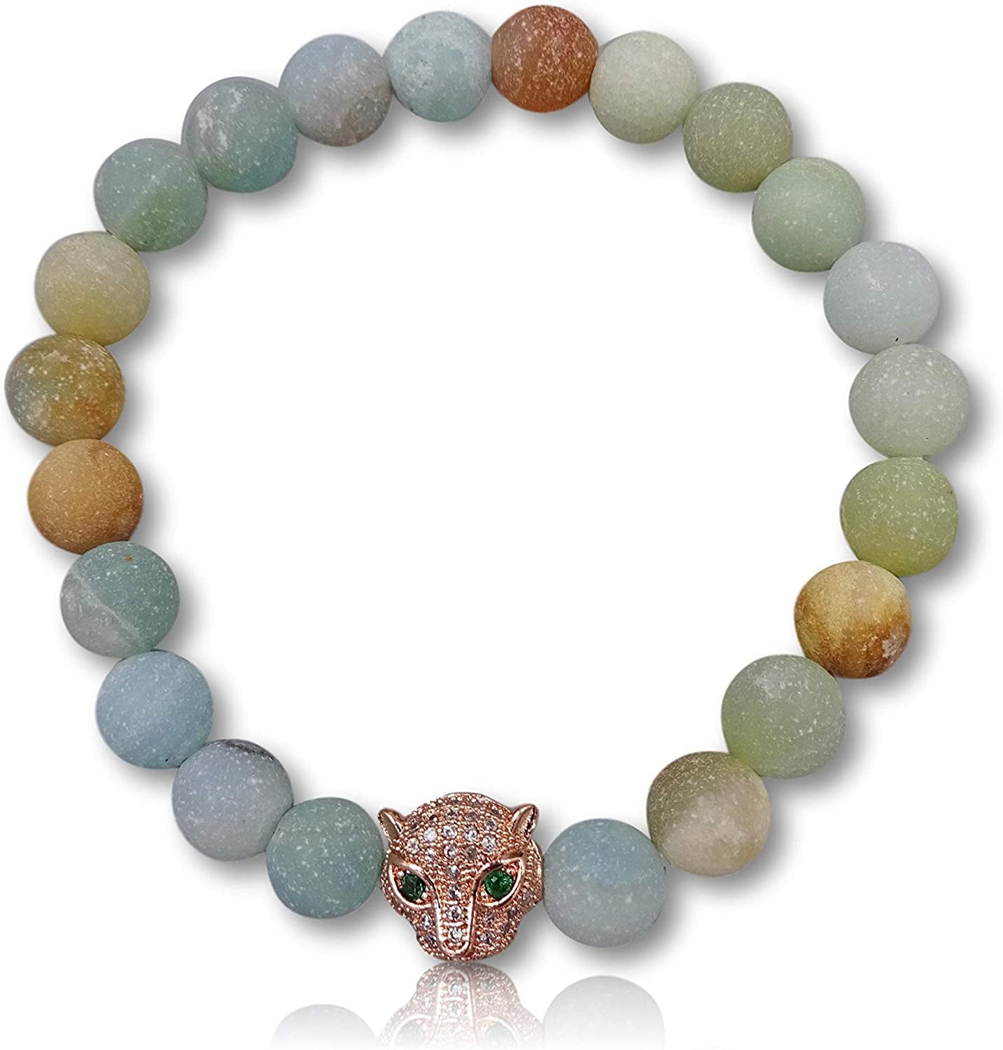 MGR MY GEMS ROCK! 8MM Natural Gem Stone Bead Charm Bracelet Cloisonne Butterfly Charm CZ Leopard Head Charm Beaded Stretch Elastic Chakra Bracelet Apparel & Accessories > Jewelry > Bracelets MGR MY GEMS ROCK! Amazonite  