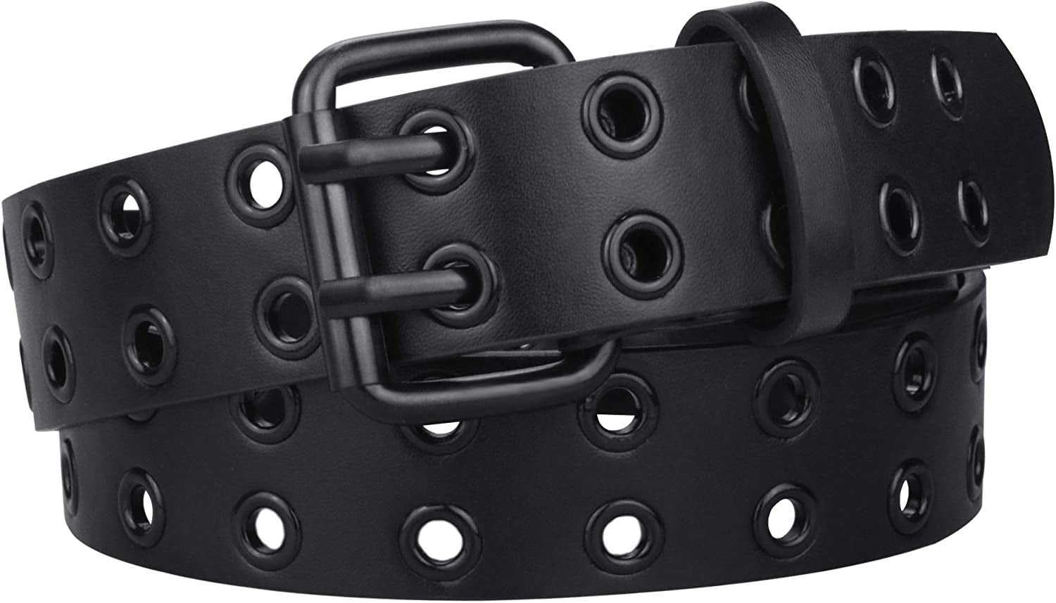 Grommet Leather Belts for Women, Black Belt Women Men with Double Studded Holes Apparel & Accessories > Clothing Accessories > Belts macoking All Black-double Holes Fit for waist up to 45" 