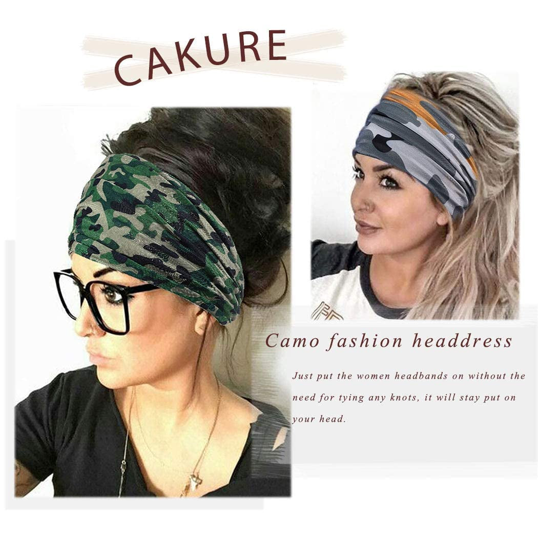 CAKURE Boho Camo Headbands Extra Wide Turban African Head Wraps Stretchy Hairbands Cloth Headband Elastic Yoga Head Scarf Fashion Head Bands for Women and Girls Pack of 4 Apparel & Accessories > Clothing Accessories > Bandanas & Headties CAKURE   