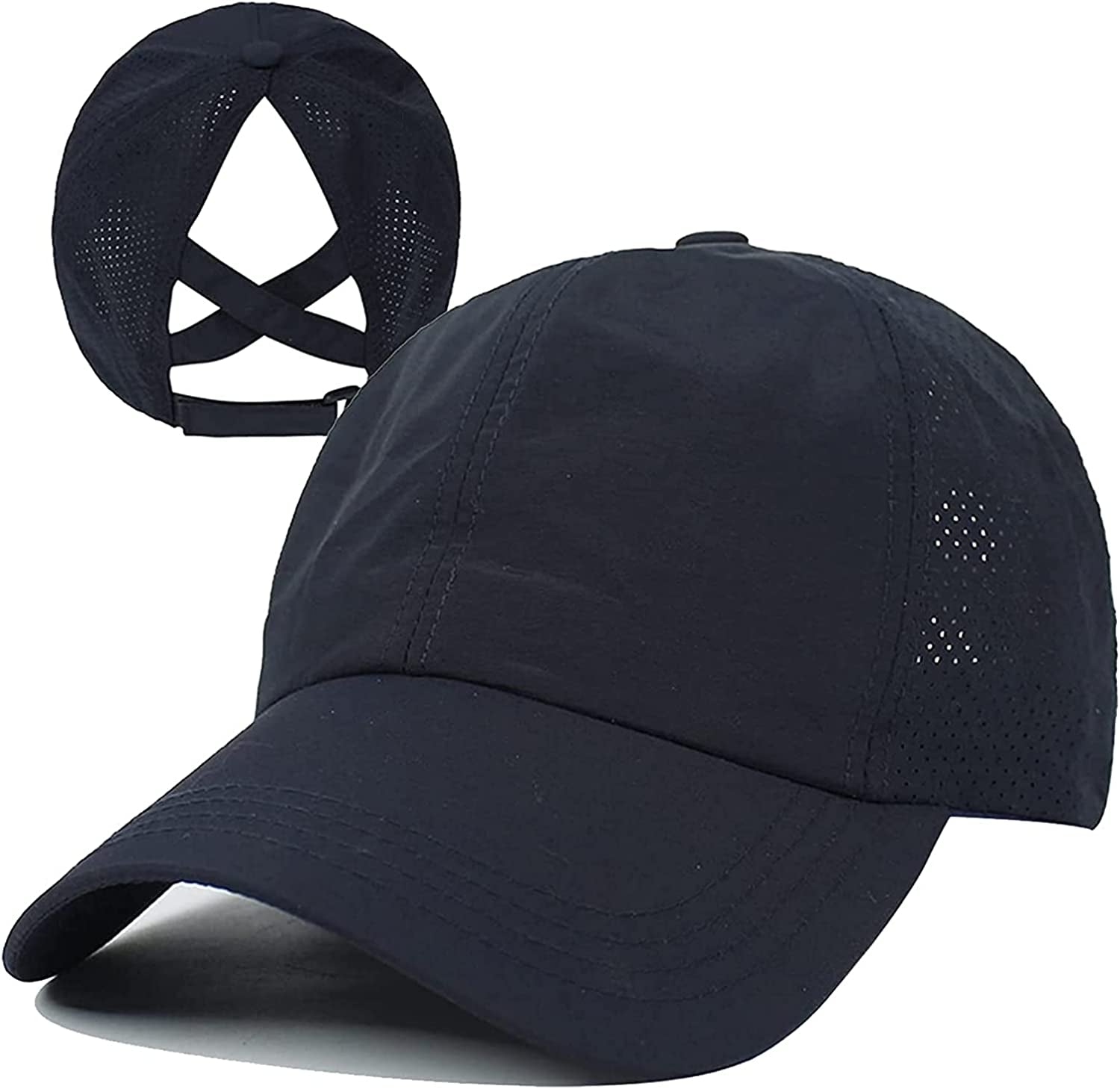 HGGE Womens Criss Cross Ponytail Baseball Cap Adjustable High Messy Bun Ponycap Quick Drying Hat Apparel & Accessories > Clothing Accessories > Hats HGGE Navy Blue  