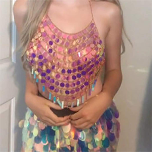 Jeweky Boho Sequins Bra Chain Pink Nightclub Rave Body Chains Sexy Beach Bikini Body Accessories Jewelry for Women and Girls Apparel & Accessories > Jewelry > Body Jewelry Artist Unknown   
