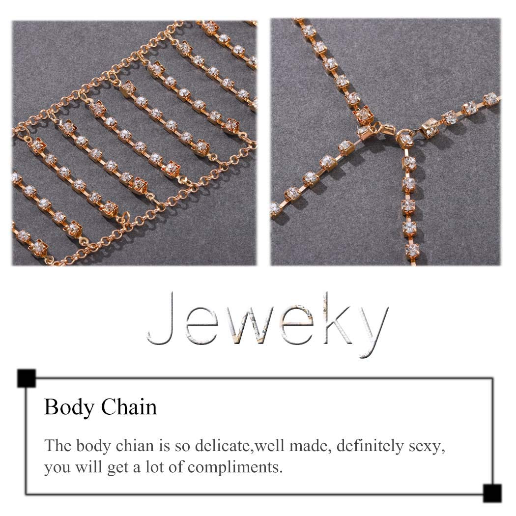 Jeweky Boho Crystal Body Chain Gold Rhinestone Harness Bra Jewelry Beach Bikini Body Jewelry for Women and Girls Apparel & Accessories > Jewelry > Body Jewelry Artist Unknown   