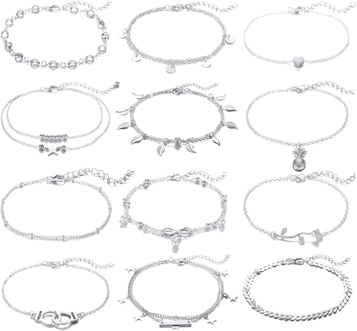 FUNEIA 12/16Pcs Anklets for Women Silver Gold Ankle Bracelets Set Boho Layered Beach Adjustable Chain Anklet Foot Jewelry Apparel & Accessories > Jewelry > Anklets Anlsen B:12Pcs Silver  