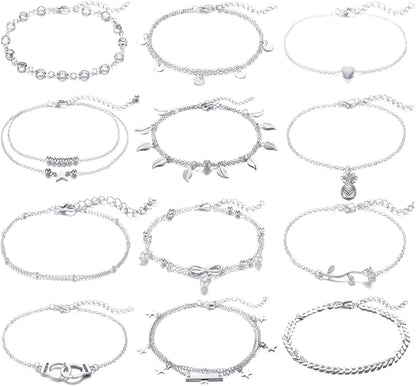FUNEIA 12/16Pcs Anklets for Women Silver Gold Ankle Bracelets Set Boho Layered Beach Adjustable Chain Anklet Foot Jewelry Apparel & Accessories > Jewelry > Anklets Anlsen B:12Pcs Silver  