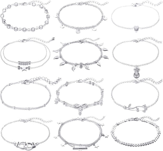FUNEIA 12/16Pcs Anklets for Women Silver Gold Ankle Bracelets Set Boho Layered Beach Adjustable Chain Anklet Foot Jewelry Apparel & Accessories > Jewelry > Anklets Anlsen B:12Pcs Silver  
