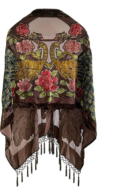 Peacock Velvet Shawl with Fringe Beaded Shawl for Women Peacock Scarf Handmade Beading Indian Wraps for Women with Tassel Apparel & Accessories > Clothing Accessories > Scarves & Shawls DQSSYTTX Coffee  