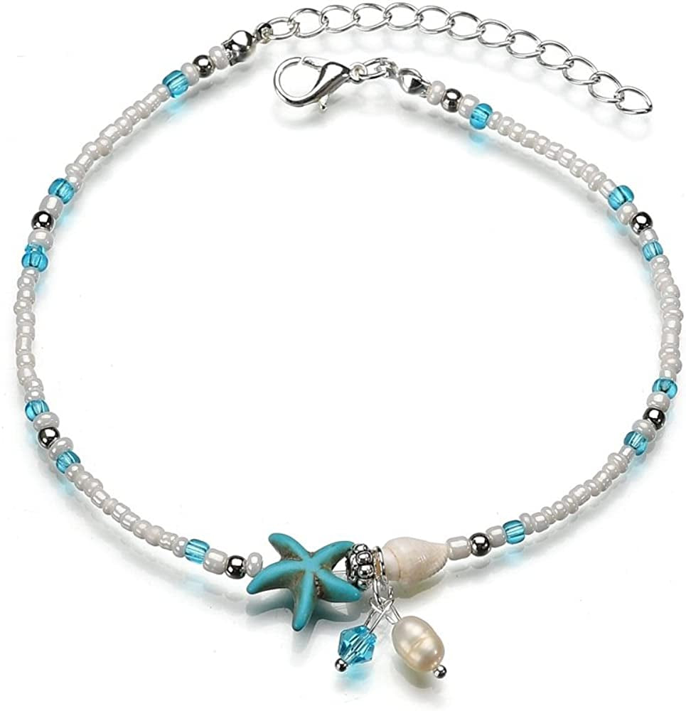 Softones Blue Starfish Turtle Anklet Multilayer Charm Beads Sea Handmade Boho Anklet Foot Jewelry for Women Girl Apparel & Accessories > Jewelry > Anklets Softones T:Pearl  