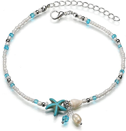 Softones Blue Starfish Turtle Anklet Multilayer Charm Beads Sea Handmade Boho Anklet Foot Jewelry for Women Girl Apparel & Accessories > Jewelry > Anklets Softones T:Pearl  