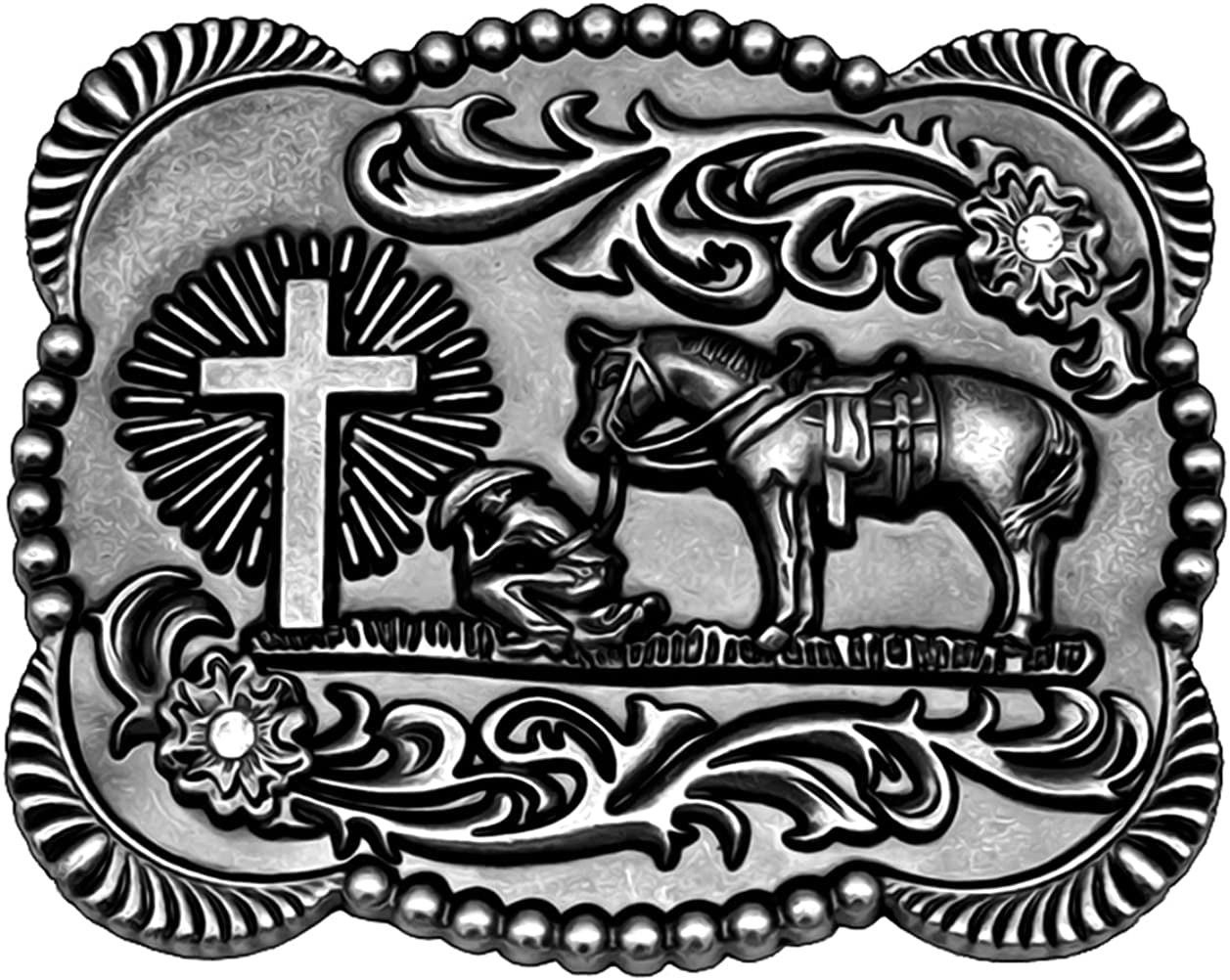 Moranse Religion Cross Cowboy Kneeling Prayer and Horse Design Belt Buckles Apparel & Accessories > Clothing Accessories > Belt Buckles Moranse Flower Silver  