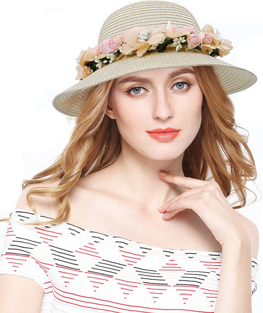 Lovful Fashion Flower Lace Ribbon Wide Brim Caps Summer Beach Sun Protective Hat Straw Hats for Women Apparel & Accessories > Clothing Accessories > Hats KYLIE MAX Beige  