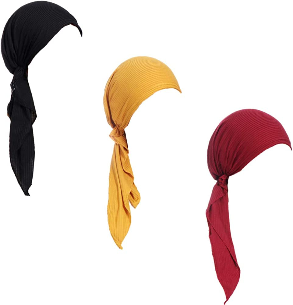 Pre Tied Chemo Head Scarf 3 Packed Beanie Skull Cover Cap for Women (Set6-Long Style) Apparel & Accessories > Clothing Accessories > Bandanas & Headties Qovelly D1-long Strap-3 Packed  