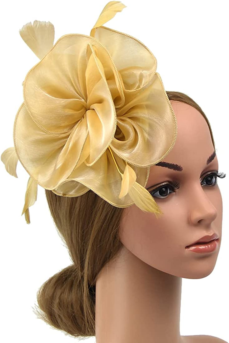 Women Flower Fascinator Hat Wedding Bridal Fascinators Tea Party Hat Feather Fascinator Headband Headwear for Evening Church Apparel & Accessories > Clothing Accessories > Headwear STbest Gold  
