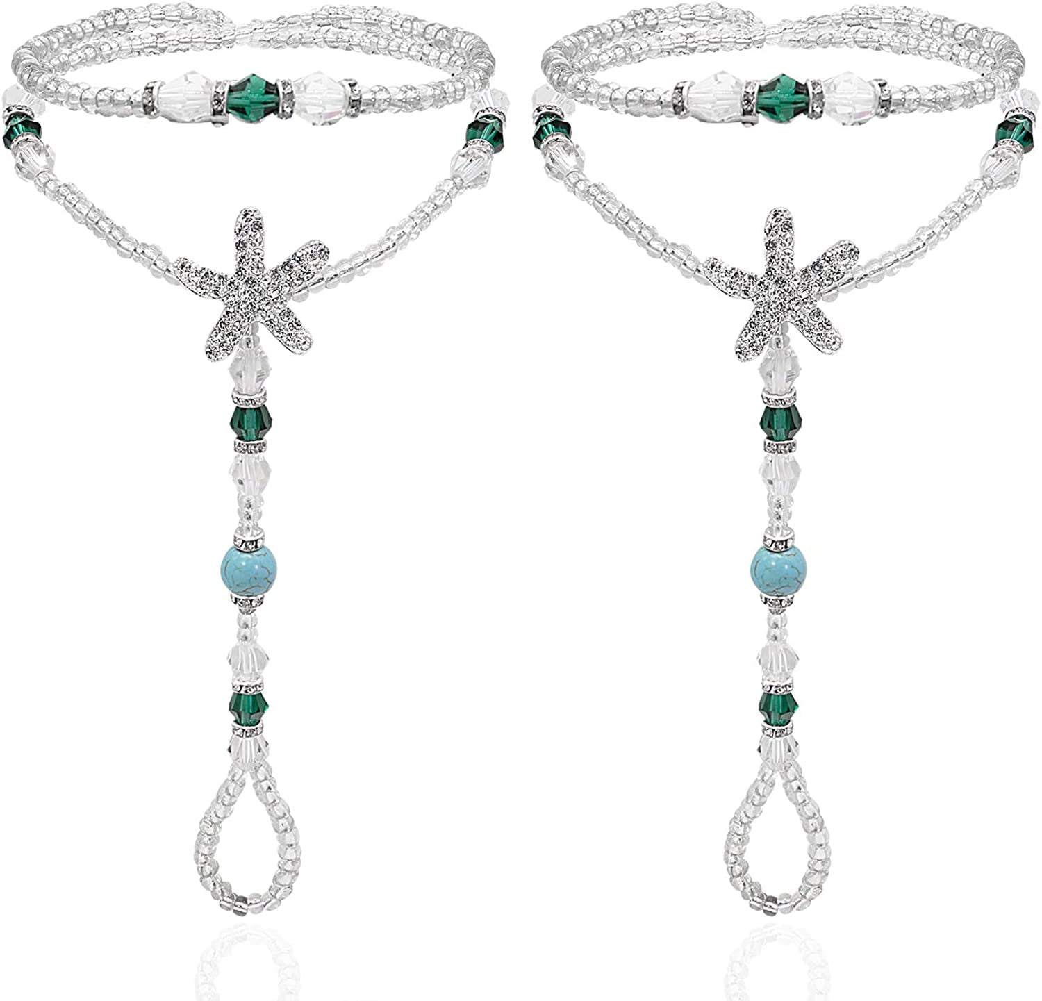 Bellady 2Pcs Pearl Ankle Chain Barefoot Sandals with Starfish Beach Wedding Foot Jewelry Apparel & Accessories > Jewelry > Anklets Bellady Blue  