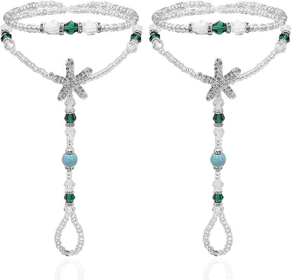 Bellady 2Pcs Pearl Ankle Chain Barefoot Sandals with Starfish Beach Wedding Foot Jewelry Apparel & Accessories > Jewelry > Anklets Bellady Blue  