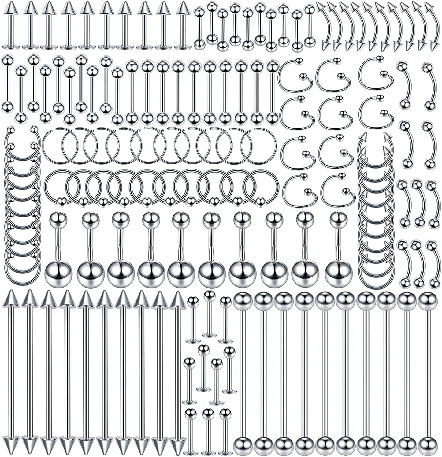 Oveta 55-150PCS Body Piercing Jewelry Lot 14G 16G 20G Stainless Steel Nose Lip Tongue Cartilage Tragus Eyebrow Industrial Barbell Belly Button Rings Piercing Kit Jewelry Apparel & Accessories > Jewelry > Body Jewelry Oveta 150pcs-Silver  