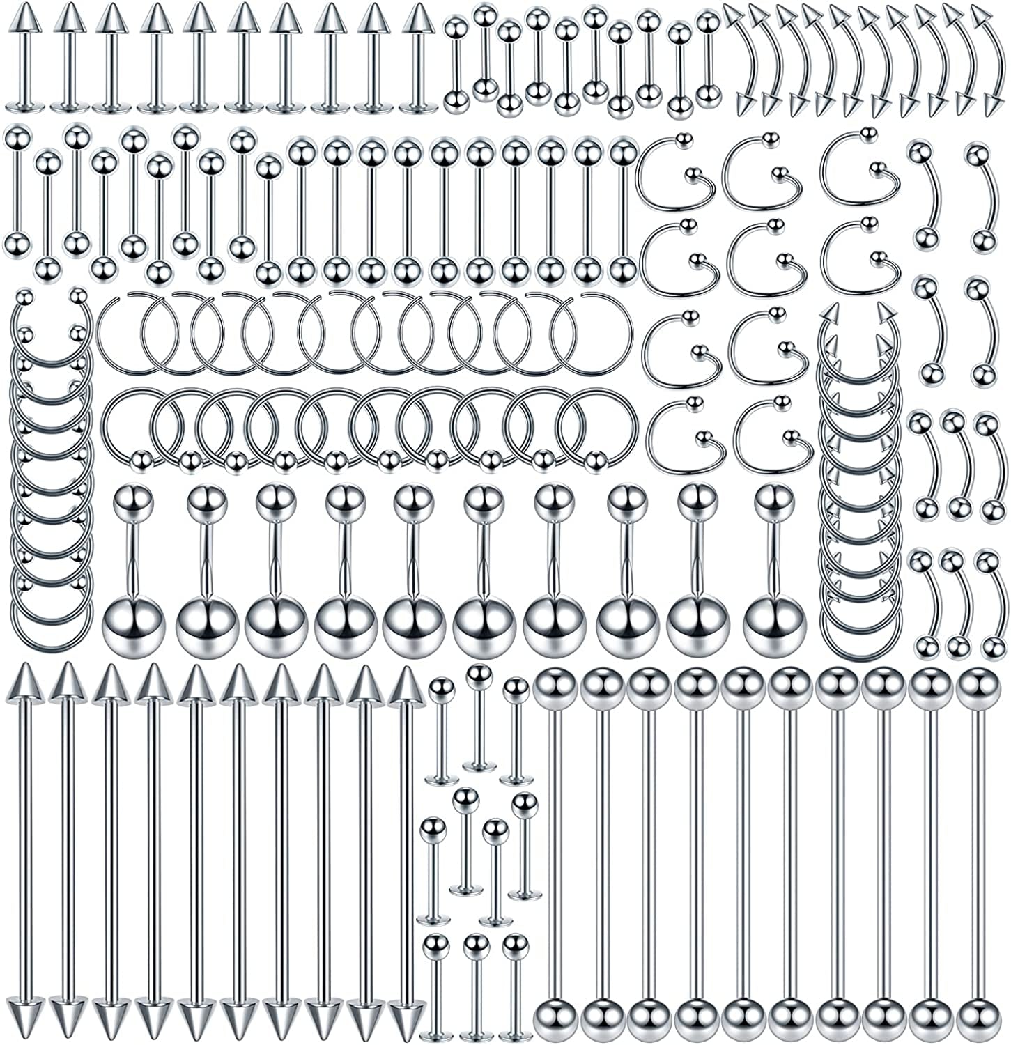 Oveta 55-150PCS Body Piercing Jewelry Lot 14G 16G 20G Stainless Steel Nose Lip Tongue Cartilage Tragus Eyebrow Industrial Barbell Belly Button Rings Piercing Kit Jewelry Apparel & Accessories > Jewelry > Body Jewelry Oveta 150pcs-Silver  
