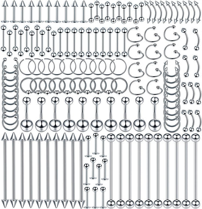 Oveta 55-150PCS Body Piercing Jewelry Lot 14G 16G 20G Stainless Steel Nose Lip Tongue Cartilage Tragus Eyebrow Industrial Barbell Belly Button Rings Piercing Kit Jewelry Apparel & Accessories > Jewelry > Body Jewelry Oveta 150pcs-Silver  