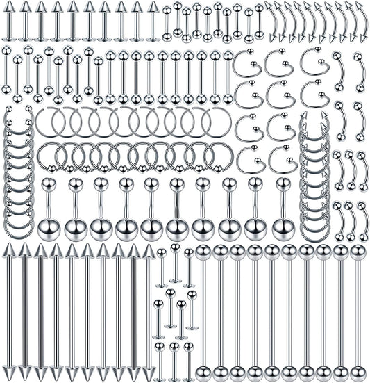 Oveta 55-150PCS Body Piercing Jewelry Lot 14G 16G 20G Stainless Steel Nose Lip Tongue Cartilage Tragus Eyebrow Industrial Barbell Belly Button Rings Piercing Kit Jewelry Apparel & Accessories > Jewelry > Body Jewelry Oveta 150pcs-Silver  