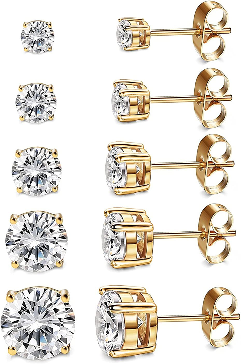 Women'S 14K Gold Plated CZ Stud Earrings Simulated Diamond round Cubic Zirconia Ear Stud Set（5 Pairs) Apparel & Accessories > Jewelry > Earrings Kainier 14K Gold  