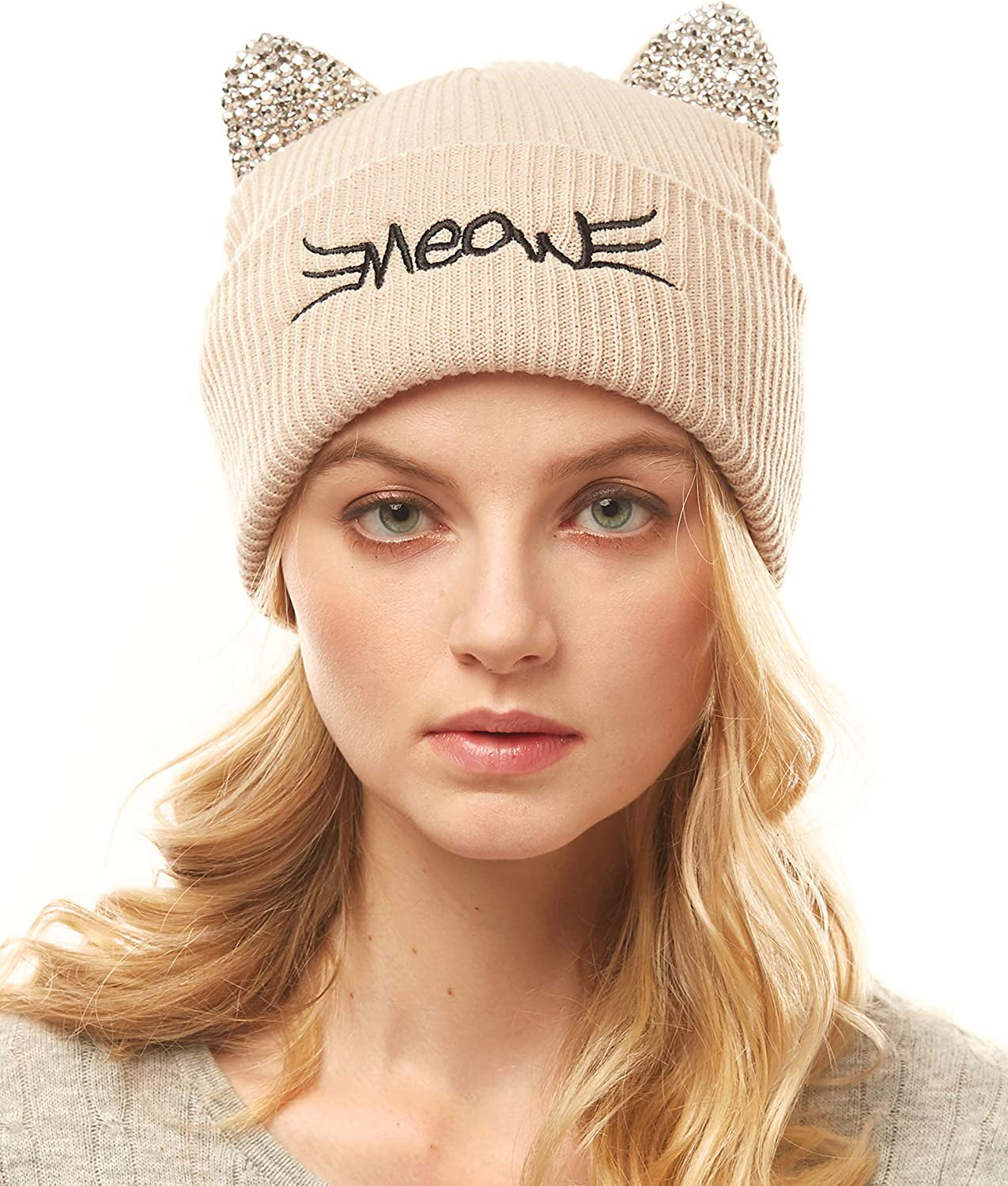 MIRMARU Women’S Soft Warm Embroidered Meow Cat Ears Knit Beanie Hat with Stone Embellished Apparel & Accessories > Clothing Accessories > Hats MIRMARU   