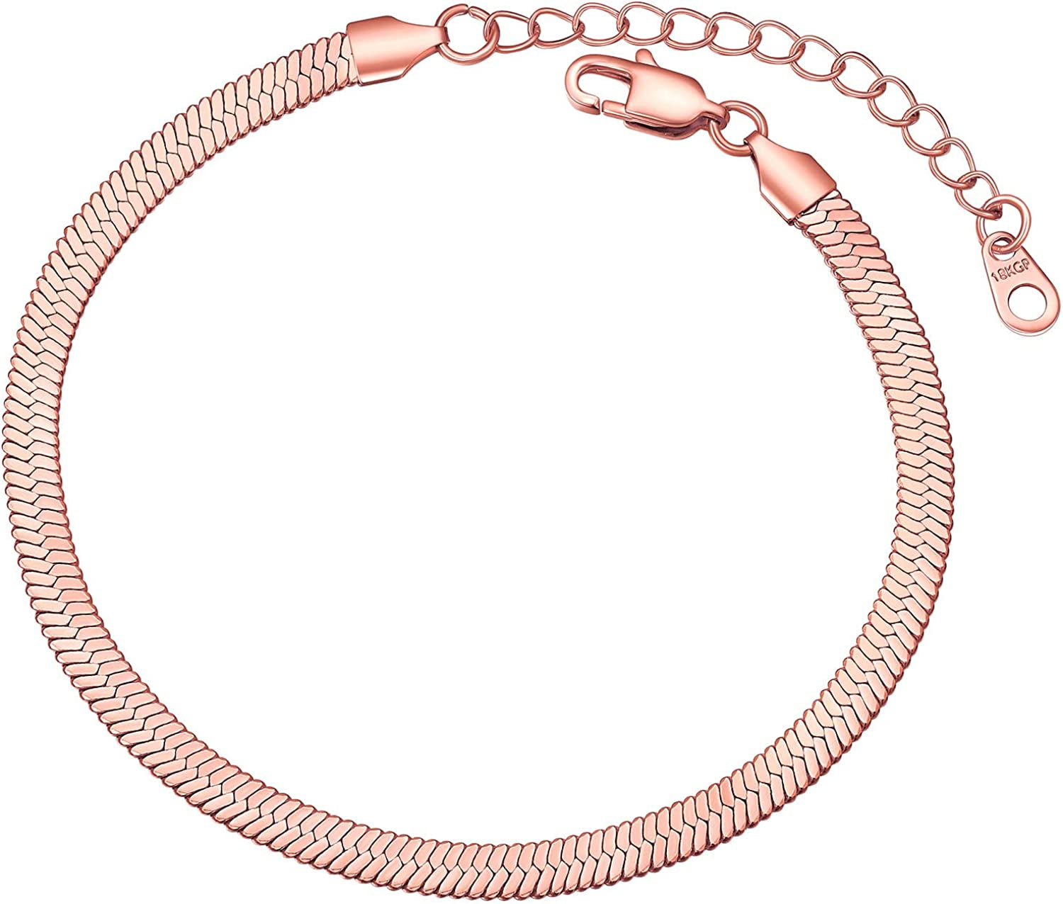 FOCALOOK 18K Gold Plated Flat Snake Chain Link Dainty Ankle Bracelets for Women, Boho Summer Beach Anklet Adjustable Foot Jewelry (4 Colors) Apparel & Accessories > Jewelry > Anklets FOCALOOK JEWELRY B:5mm Rose Gold  