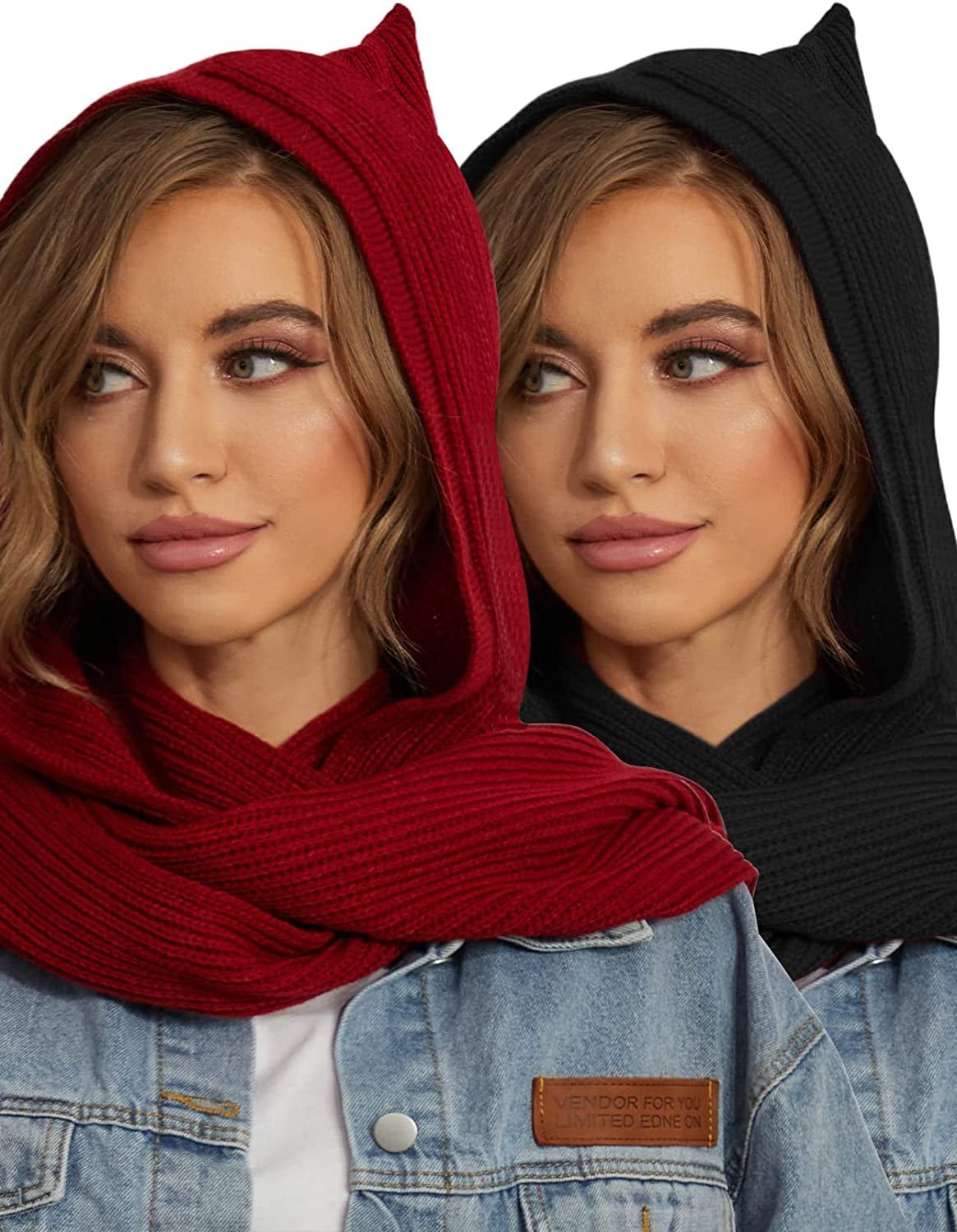 Women Winter Knitted Hooded Long Scarf Warm Shawl Wrap Head Scarves Apparel & Accessories > Clothing Accessories > Scarves & Shawls Zilcremo Black and Wine  