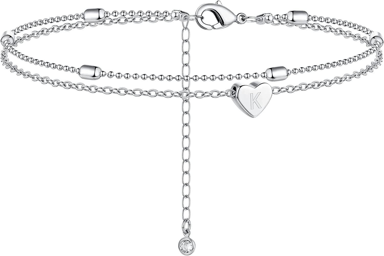 Moodear Silver Ankle Bracelets for Women, Sterling Silver Initial Anklet Layered Dainty Tiny Heart Charm Handmade Carved Alphabet A-Z Letter Ankle Bracelet Beaded Foot Chain Personalized Name Anklets Summer Cute Boho Beach Gift for Her Apparel & Accessories > Jewelry > Anklets Moodear Sterling Silver-K  