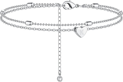 Moodear Silver Ankle Bracelets for Women, Sterling Silver Initial Anklet Layered Dainty Tiny Heart Charm Handmade Carved Alphabet A-Z Letter Ankle Bracelet Beaded Foot Chain Personalized Name Anklets Summer Cute Boho Beach Gift for Her Apparel & Accessories > Jewelry > Anklets Moodear Sterling Silver-K  