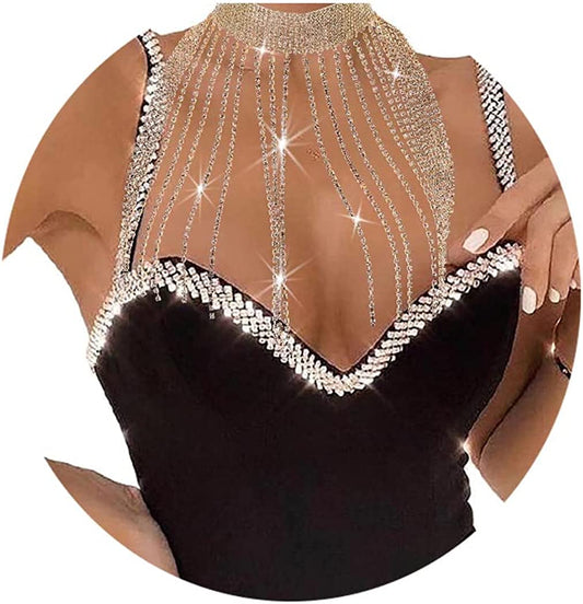 Rhinestone Tassel Choker Sexy Gold Wide Necklace Chain Shiny Evening Nightclub Adjustable Body Accessories Jewelry for Women Apparel & Accessories > Jewelry > Body Jewelry KYLIE MAX Gold  