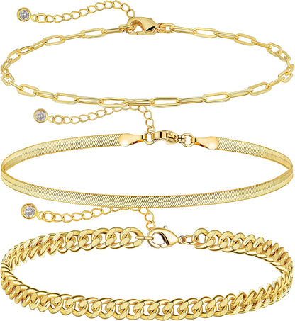 Tewiky Ankle Bracelets for Women, 14K Gold Anklets Layered Gold Herringbone Figaro Tennis Cuban Link Anklet for Women Boho 3PCS Gold Anklet Set Summer Beach Foot Jewelry Gifts for Her Apparel & Accessories > Jewelry > Anklets ANK-02 3pcs Set-B  