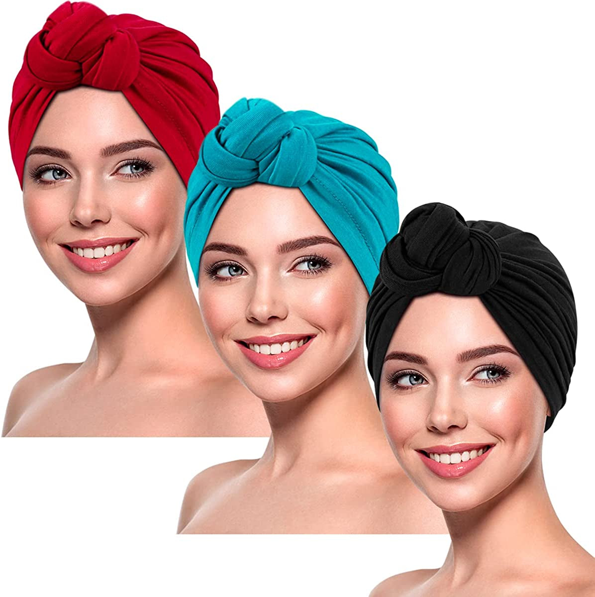 DANMY Women'S Beanie Turban Hats, Indian Hats Headscarves, Beanie Hats for Women,Turban for Women Apparel & Accessories > Clothing Accessories > Headwear DANMY 3pcs-red/Lake-blue/Black  
