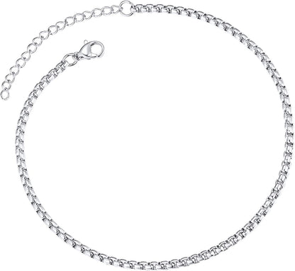 Chainspro Resizable Anklet Chain for Women Men, Figaro/Wheat/Twist Rope/Cuban Foot Bracelet-Strong with Good Clasp-18K Gold Plated(Send Gift Box) Apparel & Accessories > Jewelry > Anklets ChainsPro 08:box chain-Stainless  