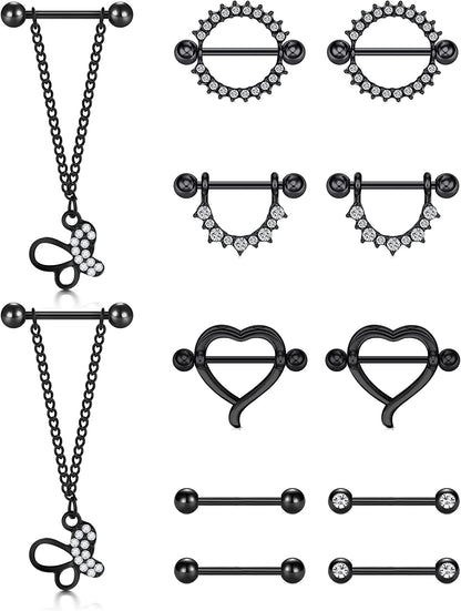 LAURITAMI Nipple Rings for Women Nipple Piercing Jewelry 14G Nipple Rings Surgical Steel Nipple Jewelry Straight Barbell Tongue Rings for Women CZ Nipplering Piercing Jewelry Set Apparel & Accessories > Jewelry > Body Jewelry LAURITAMI D -black  
