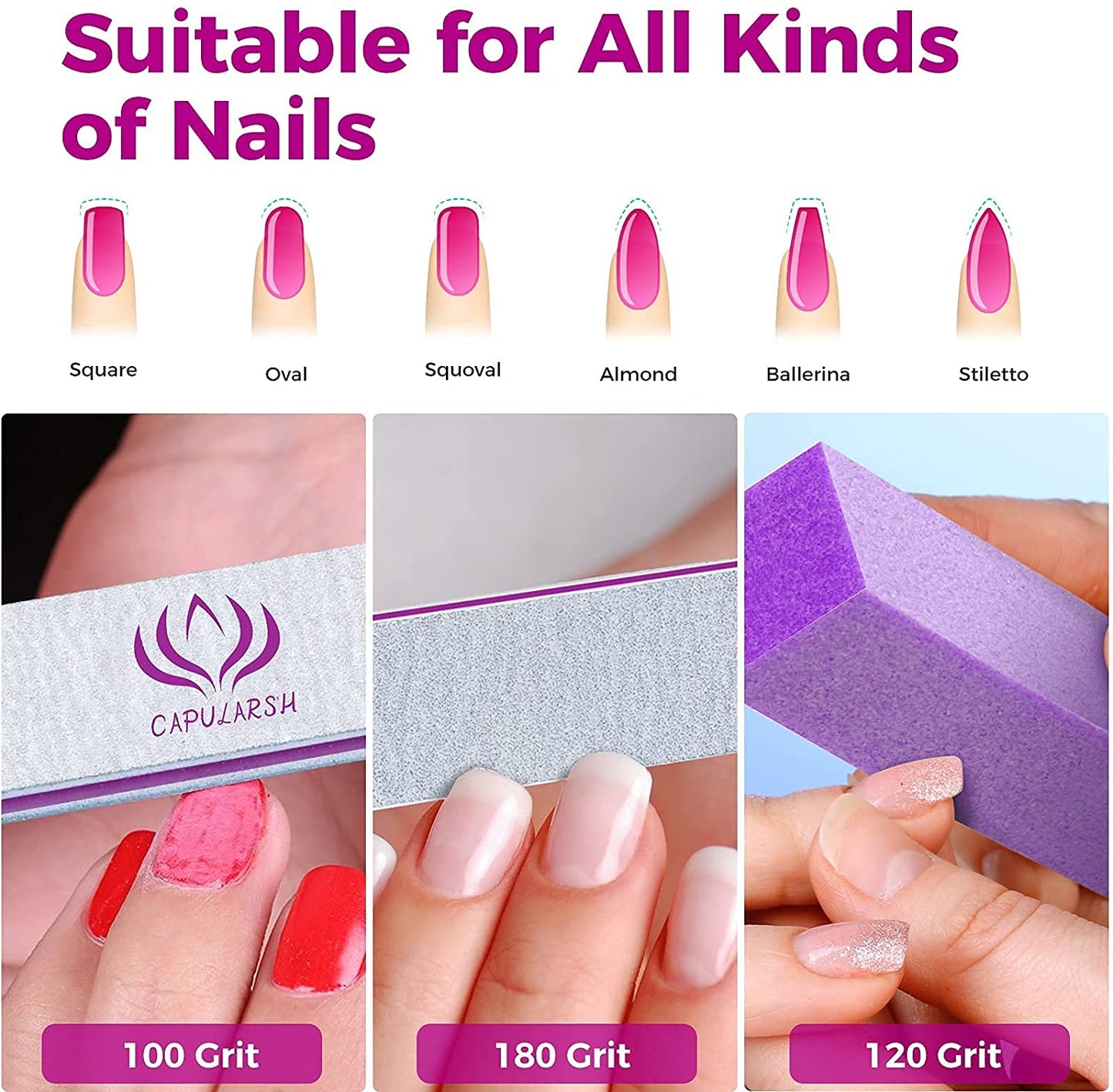 Nail Files and Buffers - Capularsh 16Pack Professional Manicure Tools Kit, 10Pcs 100/180 Grit Double Sided Nail Files for Acrylic Dip Nails, 6Pcs Four Sided 120 Grit Nail Buffer Block for Home Salon Health & Beauty > Personal Care > Cosmetics > Cosmetic Tools > Nail Tools Capularsh   