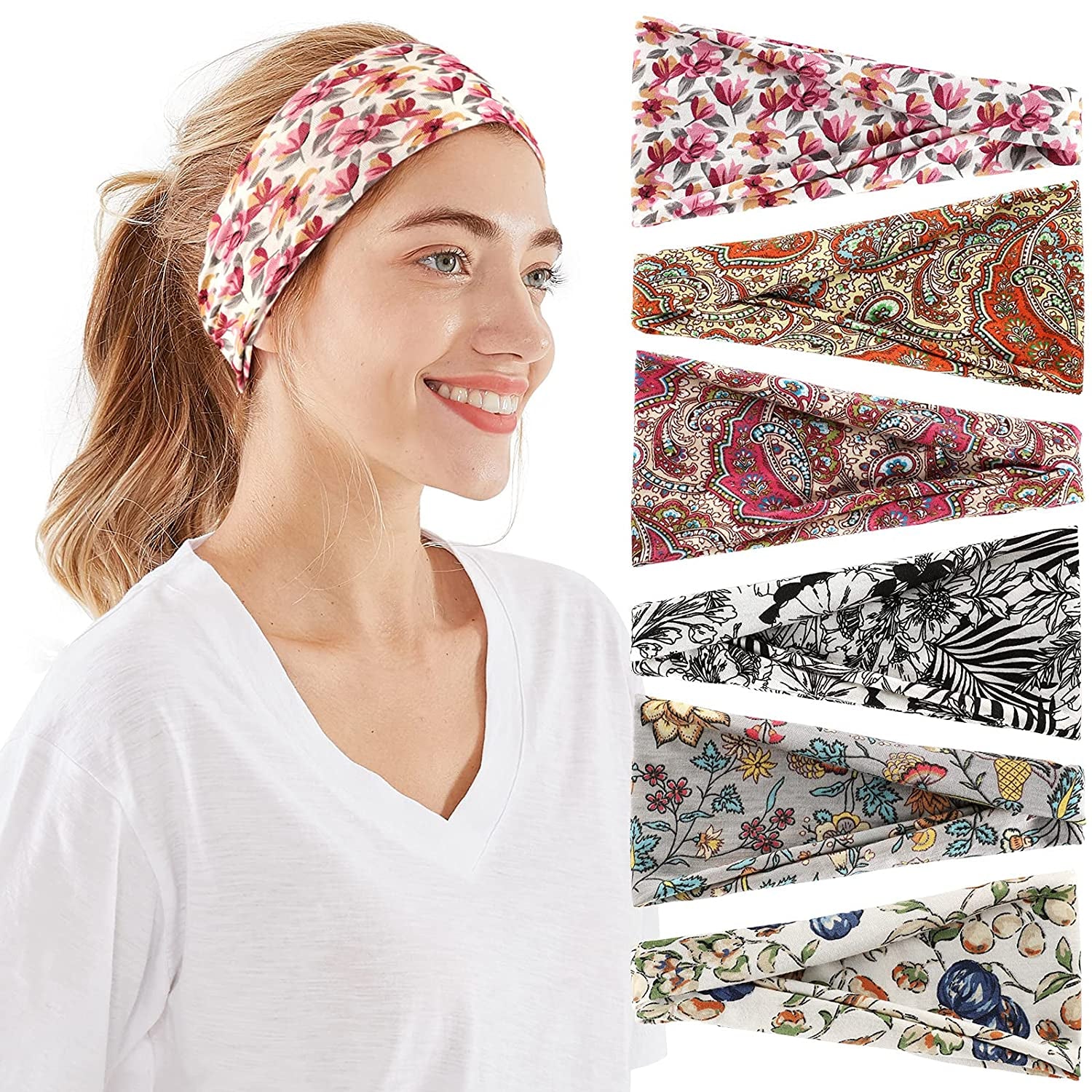 Headbands for Women, 6 PCS Yoga Running Sports Headbands Tie Dye Boho Pattern Elastic Non Slip Sweat Workout Hair Fashion Bands for Girls Apparel & Accessories > Clothing Accessories > Bandanas & Headties OFFTESTY Headbands Color-6  