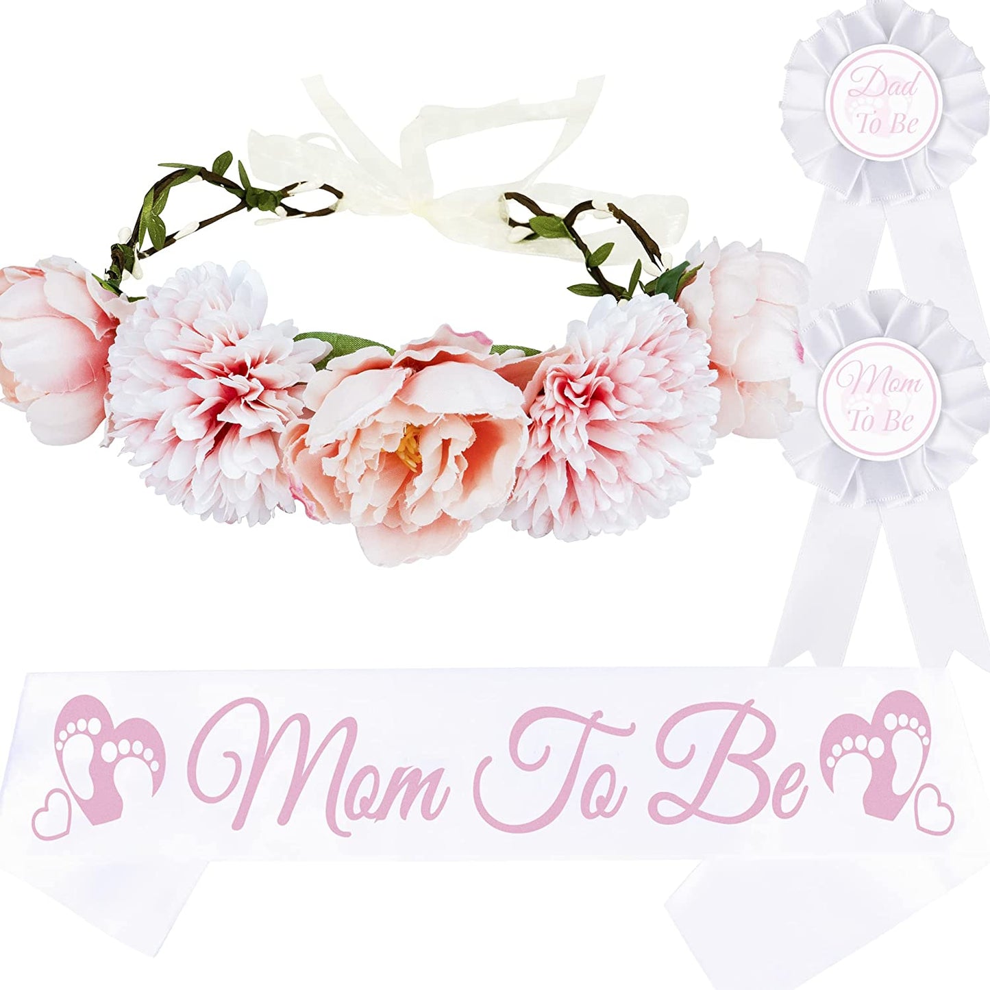 Baby Shower Decoration for Mom to Be and Dad to Be, Pink Flowers Style Tiara + White & Pink Sash + White & Pink "Dad to Be" Pin, Maternity Christmas Gift for Her Nd Him Apparel & Accessories > Clothing Accessories > Sashes VeryMerryMakering Pink,white  