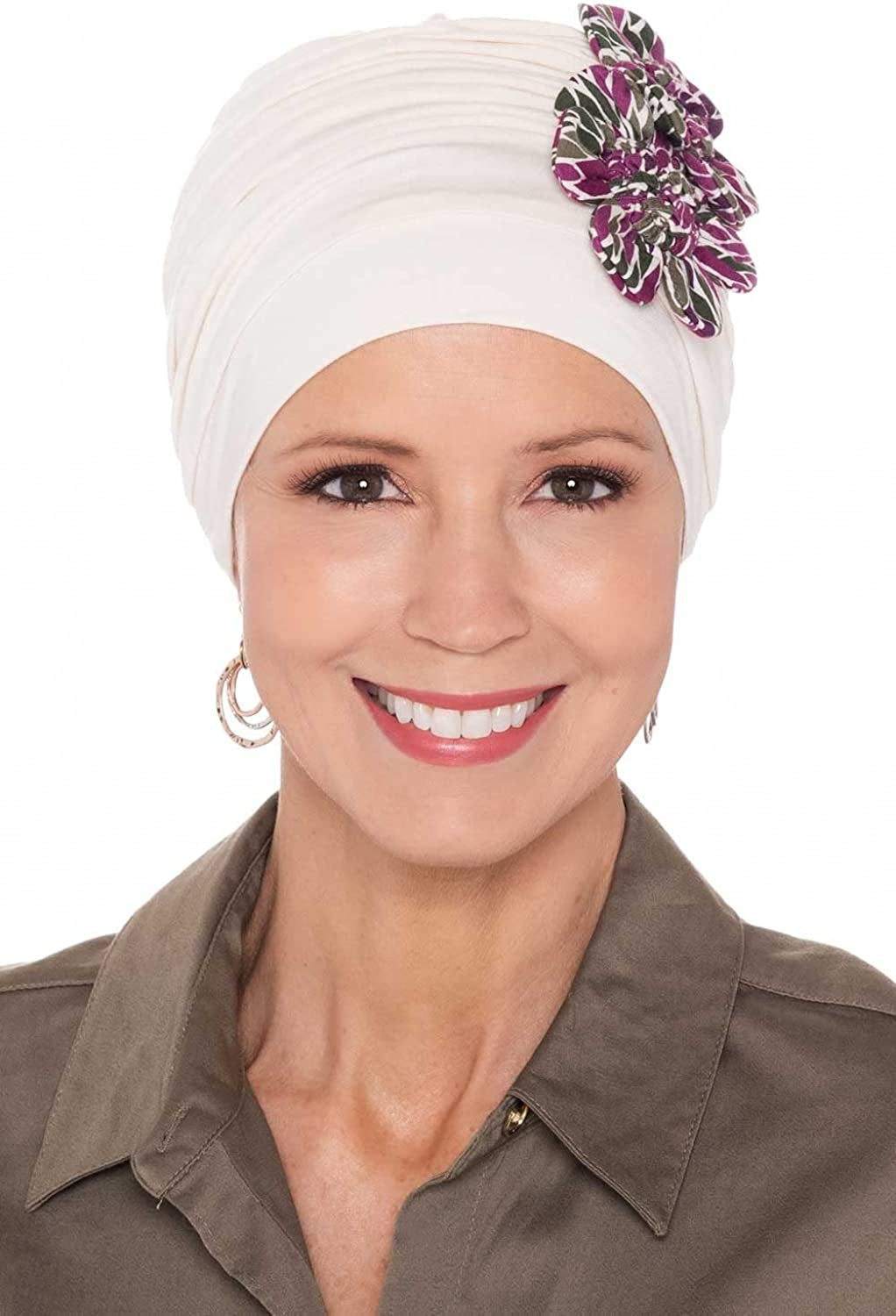 Cardani Large Flapper Turban Viscose from Bamboo Hat for Large Heads Apparel & Accessories > Clothing Accessories > Headwear Cardani Cream With Thistle Print One Size 