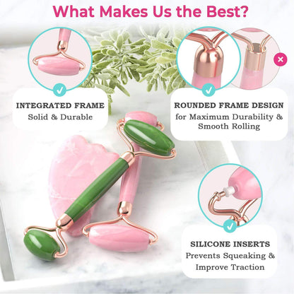 Authentic Jade Roller for Face, Rose Quartz Roller and Gua Sha Facial Tool Set - Face Roller: 100% Natural Jade, Face Massager/Facial Roller for Skin, Eyes, Neck - Authentic, Durable, Noiseless Design Health & Beauty > Personal Care > Cosmetics > Cosmetic Tools > Skin Care Tools MoValues   