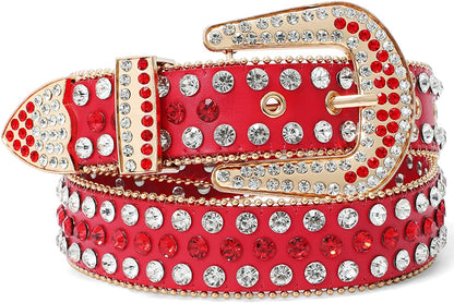 Rhinestone Belt for Men Women SUOSDEY Western Cowboy Cowgirl Bling Studded Leather Belt for Jeans Pants Apparel & Accessories > Clothing Accessories > Belts SUOSDEY 09-red (Golden Buckle) L: fits pants size 38”-42” 