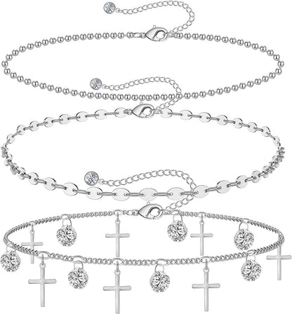 Gold Ankle Bracelets for Women 14K Gold Plated Anklet Silver Tennis Rose Quartz Cross Bead Herringbone Snake Paperclip Chain Cubic Zirconia Dainty Layered Anklet Set 3Pcs Apparel & Accessories > Jewelry > Anklets WeSparking K-White Gold-Cross  
