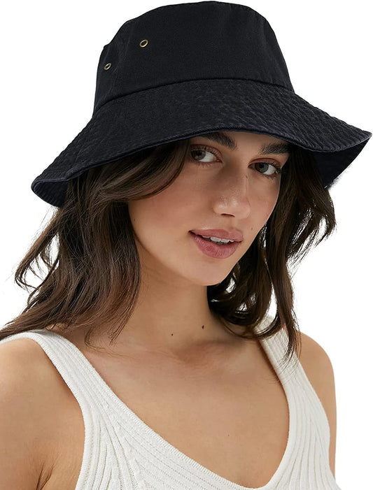 Bucket Hat for Women Men Canvas Washed Cotton Trendy Distressed Womens Summer Beach Sun Hats with Detachable Strings Apparel & Accessories > Clothing Accessories > Hats KYLIE MAX 02-black Medium 