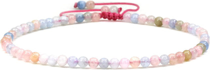 Keleny Natural Gemstone 4Mm round Bead Charm Stretch Anklet for Women Brown Rope Adjustable 8.6-11 Inch Apparel & Accessories > Jewelry > Anklets Kelenystones Pink Morganite Beryl Aquamarine  