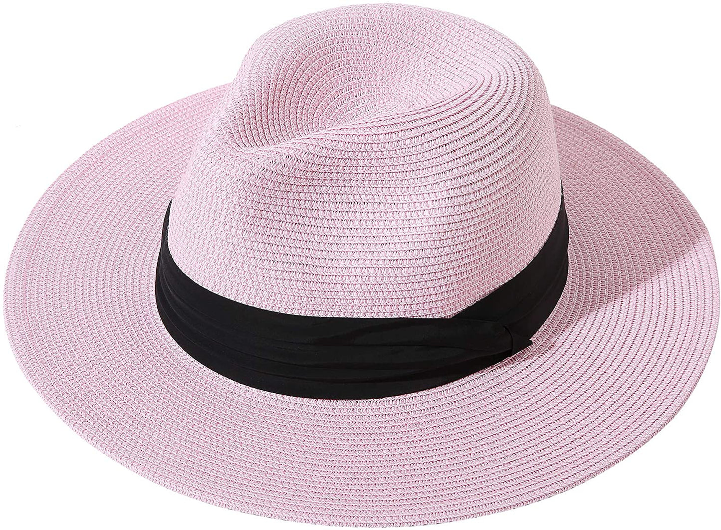 Lanzom Women Wide Brim Straw Panama Roll up Hat Belt Buckle Fedora Beach Sun Hat UPF50+ Apparel & Accessories > Clothing Accessories > Hats Lanzom Pink One Size 