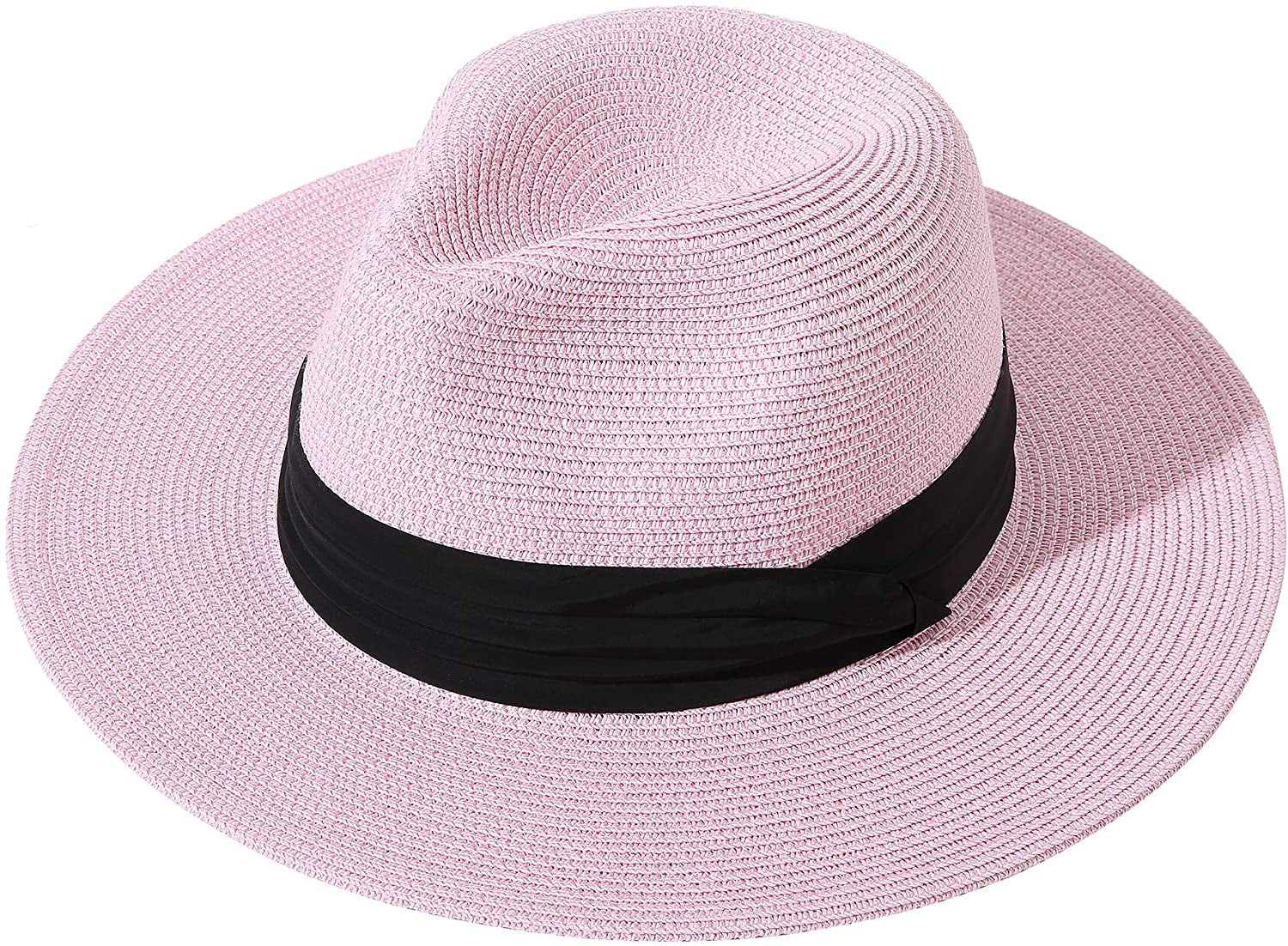 Lanzom Women Wide Brim Straw Panama Roll up Hat Belt Buckle Fedora Beach Sun Hat UPF50+ Apparel & Accessories > Clothing Accessories > Hats Lanzom Pink One Size 