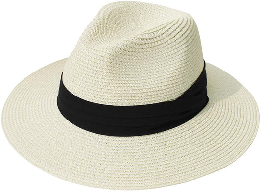 Lanzom Women Wide Brim Straw Panama Roll up Hat Belt Buckle Fedora Beach Sun Hat UPF50+ Apparel & Accessories > Clothing Accessories > Hats Lanzom 02-fold Belt Beige One Size 