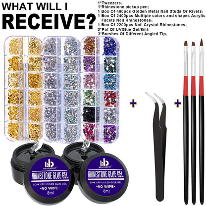 Nail Art 8Ml×2 NO WIPE Rhinestone Glue Gel Kit(Led Light Cure Needed) Adhesive Resin Gem Stone Jewelry Beads Diamond Gel Nail Polish Clear Decoration with Nail Rhinestones(Crystal+Acrylic+Rivet)+Tools Health & Beauty > Personal Care > Cosmetics > Cosmetic Tools > Nail Tools BELLEBOOST   