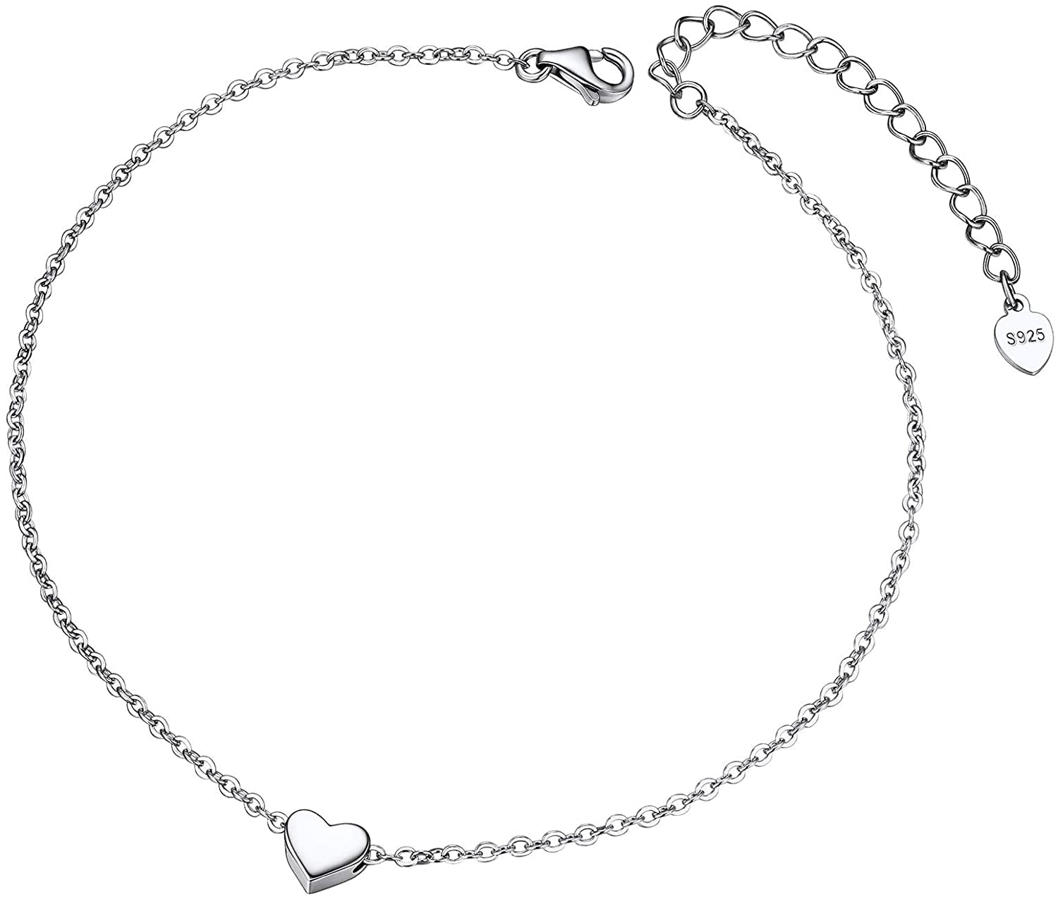 Chainspro Womens S925 Sterling Silver Adjustable Anklet, Heart/Moon/Handcuff Ankle Bracelet,Summer Foot Jewelry, Stainless Steel/Gold Plated(Send Gift Box) Apparel & Accessories > Jewelry > Anklets ChainsPro 0-heart-silver  